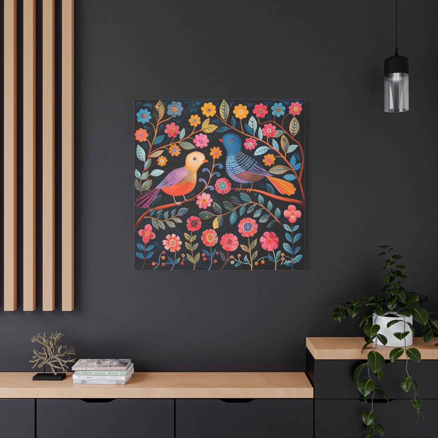 Colorful Bird Canvas Wall Art in Folk Art Style