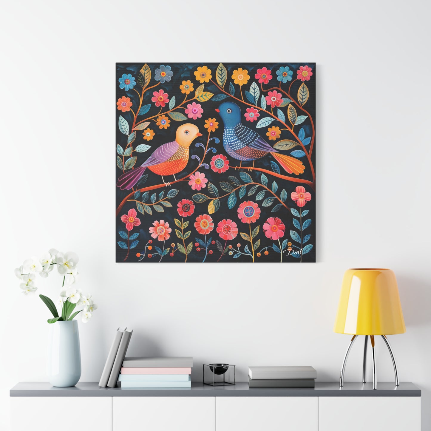 Colorful Bird Canvas Wall Art in Folk Art Style