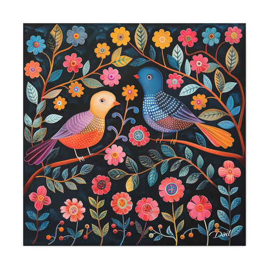 Colorful Bird Canvas Wall Art in Folk Art Style